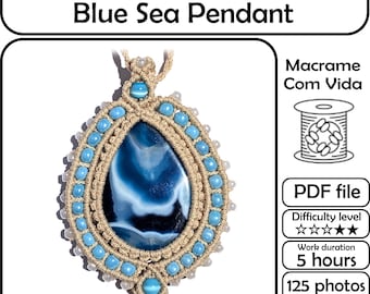Tutorial de macramê para pingente "Mar Azul" padrão de joias com pedras envoltas em micromacramê, macramê com pedras preciosas