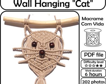 マクラメ猫の壁掛けパターン、簡単なPDFチュートリアル