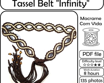 Macrame tutorial for tie belt, Macrame tassel bet pattern, Digital macrame belt guide