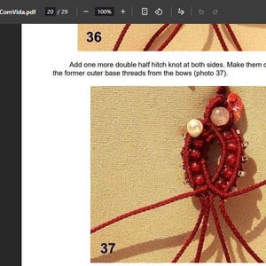 May include: A close-up of a macrame bracelet in progress, featuring red cord and beads. The image is from a tutorial, with the numbers 36 and 37 visible, along with instructions on knotting techniques. The bracelet has a central design with a pearl and pink stone.