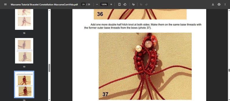 May include: A close-up of a macrame bracelet in progress, featuring red cord and beads. The image is from a tutorial, with the numbers 36 and 37 visible, along with instructions on knotting techniques. The bracelet has a central design with a pearl and pink stone.