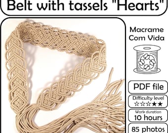 Macrame tutorial Belt with tassels "Hearts", Macrame belt pattern, step by step pdf