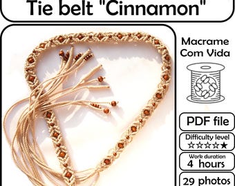 Macrame PDF tutorial Tie belt "Cinnamon" with beads and tassels, beginner macrame belt pattern