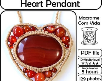 Micro Macrame Tutorial Heart Pendant in PDF, Wrapped Stone Macrame Pattern, Step by Step Guide