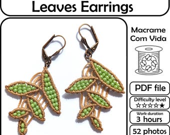 Macrame Beaded Leaves Earrings Tutorial, Beginner Pattern (PDF Pattern)