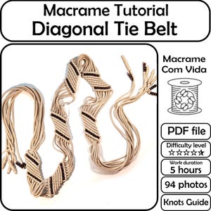 Puede incluir: Un archivo PDF de tutorial de macramé para un cinturón de nudos diagonales, con cordón beige y cuentas de color marrón oscuro. El texto incluye: Macrame Tutorial Diagonal Tie Belt, Macrame Com Vida, PDF file, 5 hours, 94 photos, Knots Guide.