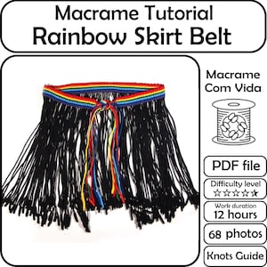Puede incluir: Un cinturón de falda arcoíris de macramé con flecos negros. El cinturón presenta una banda de colores del arcoíris y está atado con cordones coloridos. La imagen incluye el texto "Macrame Tutorial Rainbow Skirt Belt".
