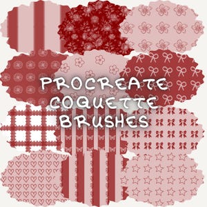 May include: Digital Procreate brushes in red and pink, showcasing diverse patterns like flowers, bows, hearts, stripes, and gingham. The image displays the text "PROCREATE COQUETTE BRUSHES" in the centre, offering a range of design options.