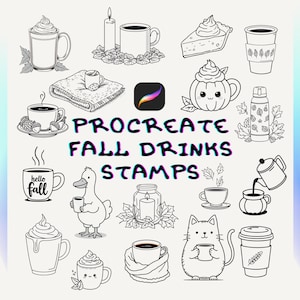 May include: Black and white line art illustrations of fall-themed drinks and objects, including coffee cups, a pumpkin mug, a slice of pie, and a duck holding a mug. The text "PROCREATE FALL DRINKS STAMPS" is also present.