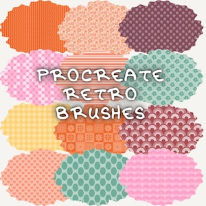 以下が含まれることがあります： Procreate用のカラフルなレトロブラシパターンのコレクション。画像には、オレンジ、ピンク、緑、紫の色合いのストライプ、水玉、花柄、星柄など、さまざまなデザインが使用されています。「Procreate Retro Brushes」というテキストが中央に表示されています。