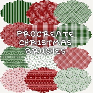 May include: A selection of digital Procreate Christmas brushes featuring diverse patterns. Designs include green stripes, red floral, plaid, and festive sweater patterns. The text "PROCREATE CHRISTMAS BRUSHES" is displayed in white.