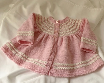 Heirloom Quality Pink Wool and White 100%  Merino Matinee Coat  19" 3 to 8 month old Girl - Hand Knitted and Made in Scotland