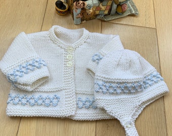 Premature Baby Hand Knitted Matinee Jacket  & Helmet in white with blue detail - Made using Merino DK /Light worsted yarn. Made in Scotland