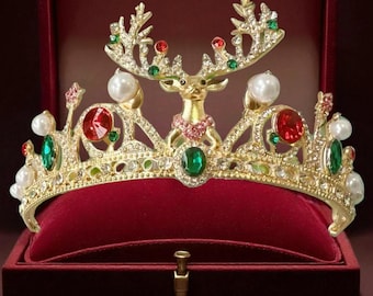 Tiara navideña de renos – Tocado navideño de cristal rojo y verde