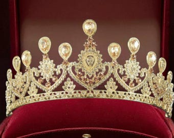 Tiara nupcial vintage dorada – Corona de boda con cristales barrocos y diamantes de imitación