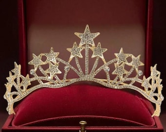 Tiara de diamantes de imitación con estrellas doradas – Corona de princesa, accesorio para el cabello de boda