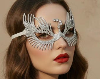 Maskeradmask med påfågel i strass – Festmask med silverfärgad kristall