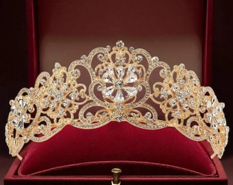 Tiara dorada de cristal barroco – Corona real de diamantes de imitación para bodas, graduaciones, quinceañeras, concursos de belleza y cumpleaños