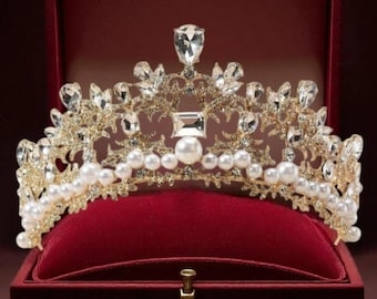 Tiara dorada con perlas – Corona nupcial con diamantes de imitación y perlas para bodas, quinceañeras, graduaciones y cumpleaños