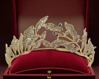 Tiara de diamantes de imitación con hojas de oro – Tocado nupcial