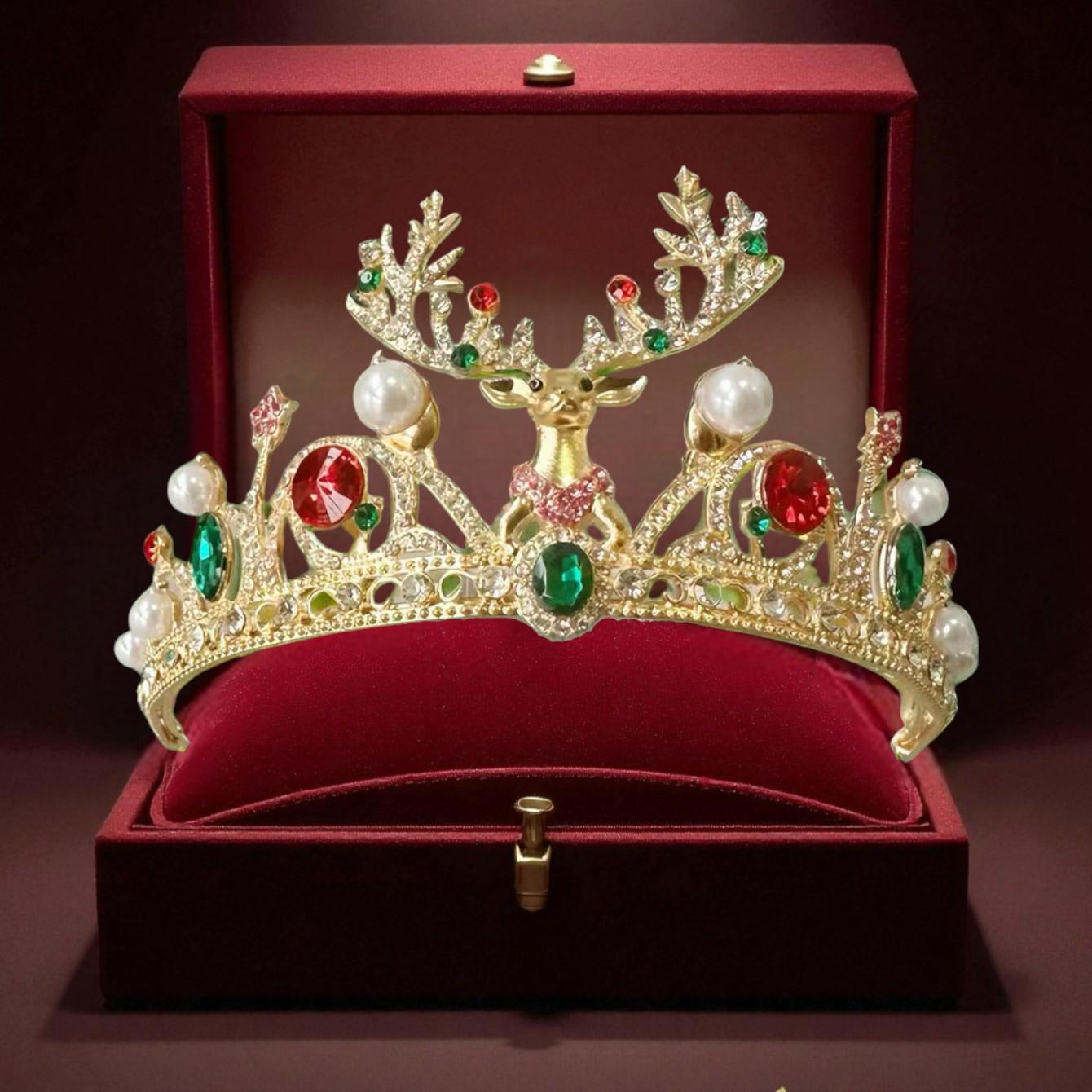 Elegant Gold Reindeer Tiara with Red and Green Accents Christmas Reindeer Tiara – Holiday Crown With Red & Green  main image 2