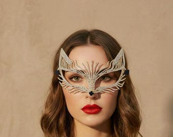 Rhinestone Crystal Fox Mask – Masquerade Costume Eye Mask