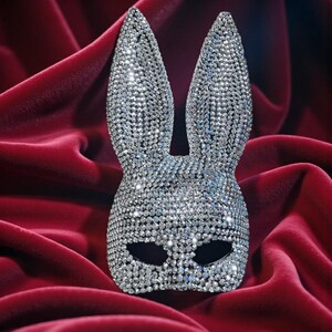 Crystal Rhinestone Bunny Mask – Sparkly Rave Costume Headpiece SILVER