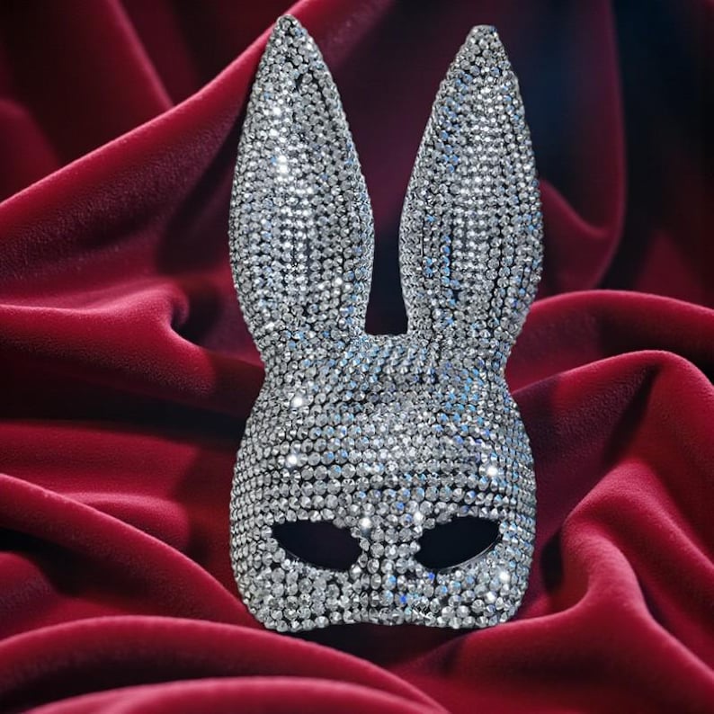 Crystal Rhinestone Bunny Mask – Sparkly Rave Costume Headpiece SILVER