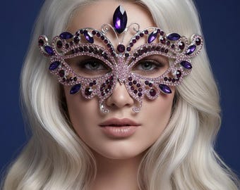 Máscara de carnaval de mariposa de cristal púrpura – Máscara veneciana de diamantes de imitación