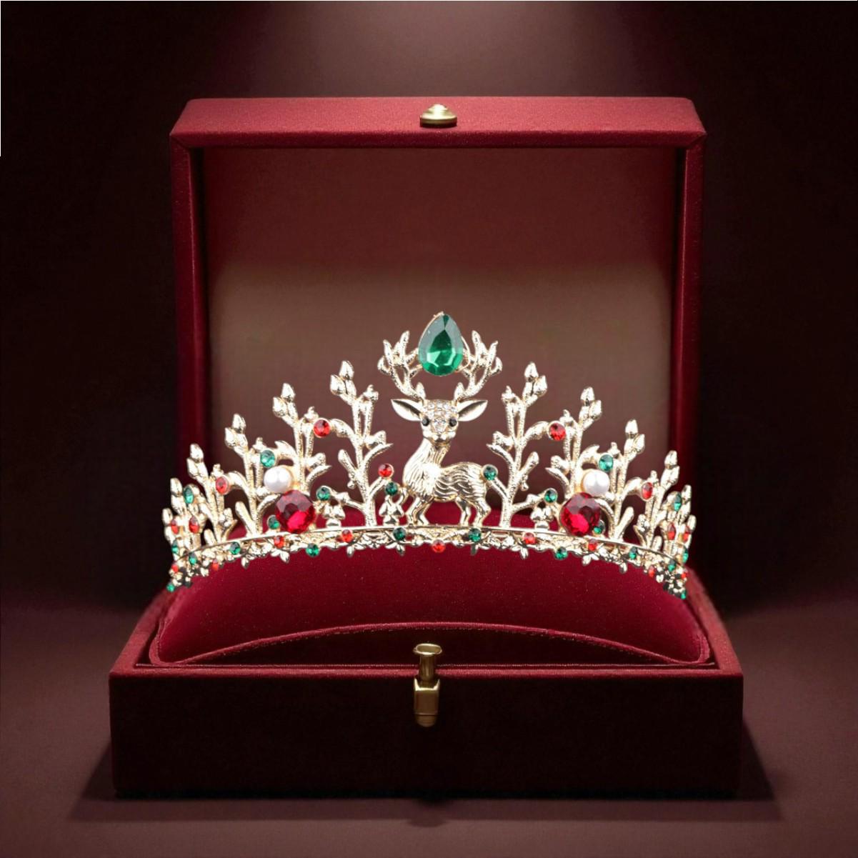 Christmas Reindeer Tiara – Holiday Crown With Red & Green 