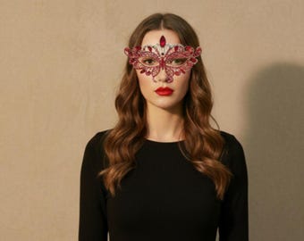 Máscara de mascarada de encaje de cristal rojo – Máscara de disfraz de estilo veneciano