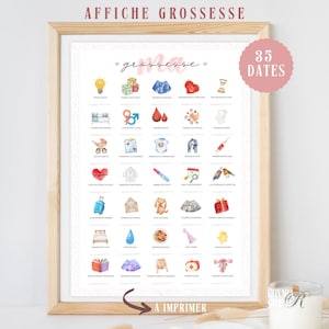 Puede incluir: Un póster enmarcado con el texto "AFFICHE GROSSESSE" en la parte superior. El póster presenta ilustraciones en acuarela que representan los hitos del embarazo, con la palabra "Ma" en cursiva y un círculo rosa que dice "35 DATES". La parte inferior del póster dice "A IMPRIMER".