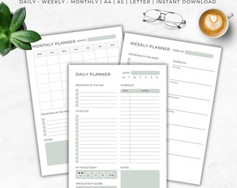 Printable Planner Bundle – Tages-, Wochen- & Monatskalender | A4, A5 Letter Größen | Undatiert | Sofortiger digitaler Download