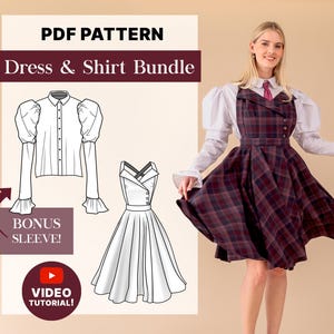 May include: PDF pattern for a dress and shirt bundle. The dress is a plaid A-line style with a fitted bodice. The shirt has a white background with a button-up front and puffed sleeves. The pattern includes a bonus sleeve style. The image also includes a video tutorial.