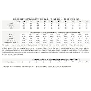 Puede incluir: Una tabla de tallas para ropa de mujer. La tabla incluye medidas de busto, cintura, caderas, b&iacute;ceps de la manga y largo de la prenda en pulgadas. La tabla tambi&eacute;n incluye los requisitos estimados de tela en yardas para diferentes anchos de tela.