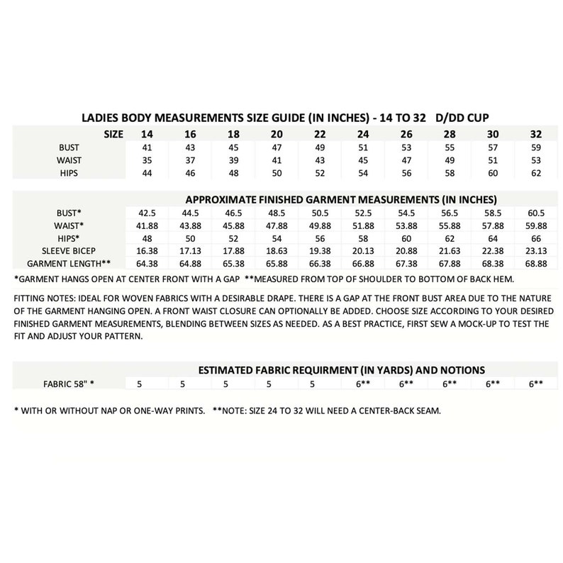 Puede incluir: Una tabla de tallas para ropa de mujer. La tabla incluye medidas de busto, cintura, caderas, b&iacute;ceps de la manga y largo de la prenda en pulgadas. La tabla tambi&eacute;n incluye los requisitos estimados de tela en yardas para diferentes anchos de tela.