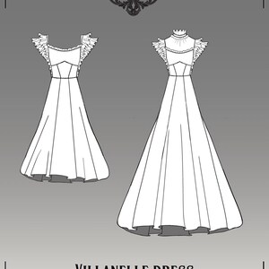 Pode incluir: Desenhos a tra&ccedil;o de dois vestidos Villenelle brancos, com mangas com babados e detalhes no corpete. Os vestidos s&atilde;o mostrados de frente. O texto "GUNNAR DEATHERAGE" e "VILLANELLE DRESS Sewing instructions" tamb&eacute;m s&atilde;o vis&iacute;veis.