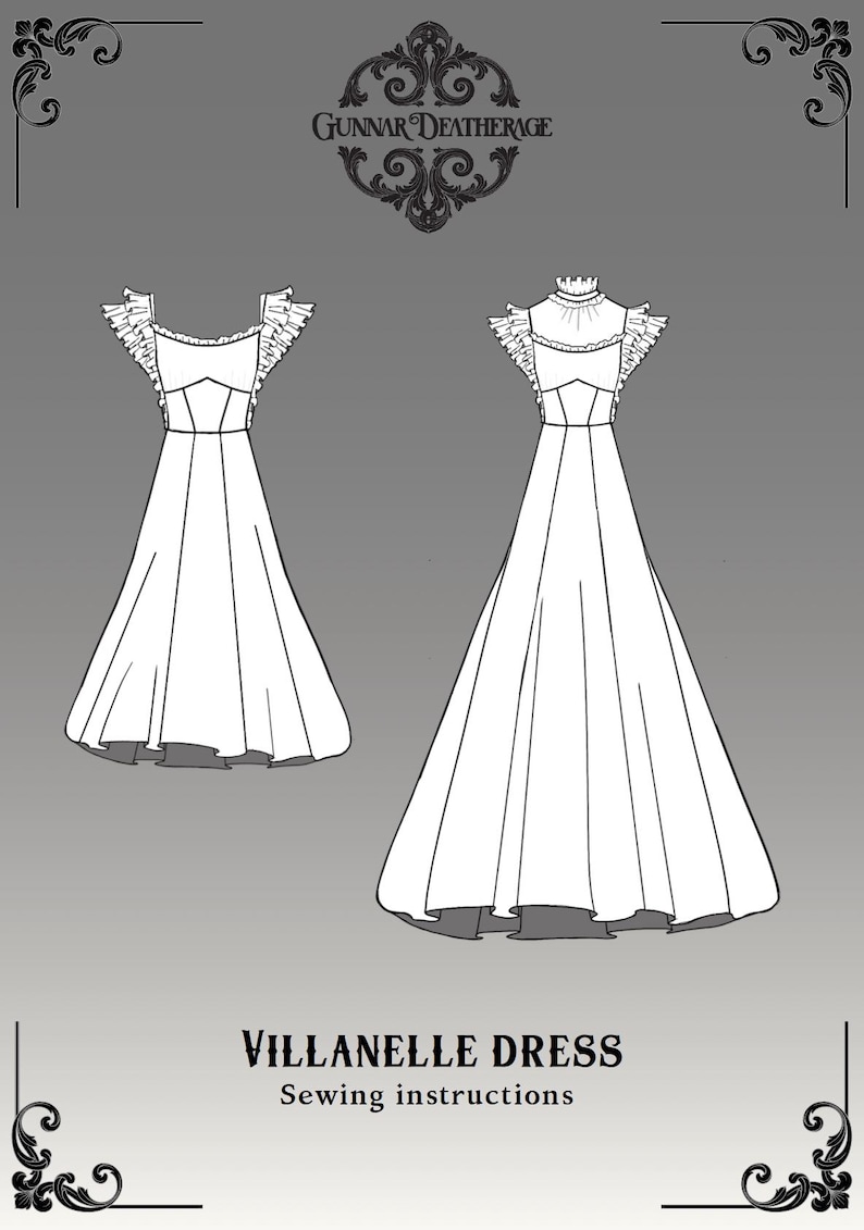 Pode incluir: Desenhos a tra&ccedil;o de dois vestidos Villenelle brancos, com mangas com babados e detalhes no corpete. Os vestidos s&atilde;o mostrados de frente. O texto "GUNNAR DEATHERAGE" e "VILLANELLE DRESS Sewing instructions" tamb&eacute;m s&atilde;o vis&iacute;veis.