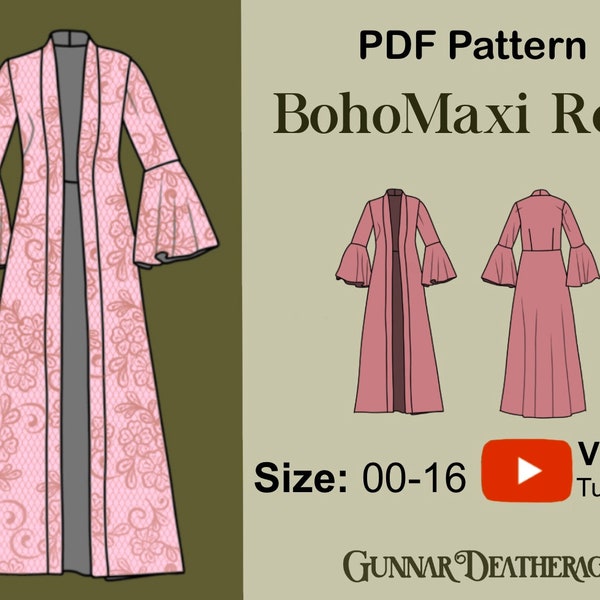 Long Boho Robe | INSTANT DOWNLOAD | Duster Kimono | PDF Sewing Pattern | Beginner Pattern | Beach Cover Up | Long Bridal Robe| Wedding