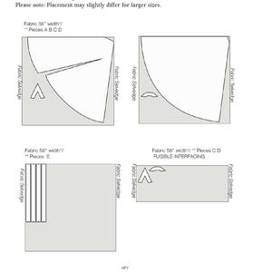 May include: A diagram showing how to cut fabric for a sewing project. The diagram shows how to cut fabric for pieces A, B, C, D, and E. The diagram also shows how to cut fusible interfacing. The diagram includes a key showing the fabric selvedge, fabric right side, and fabric wrong side.