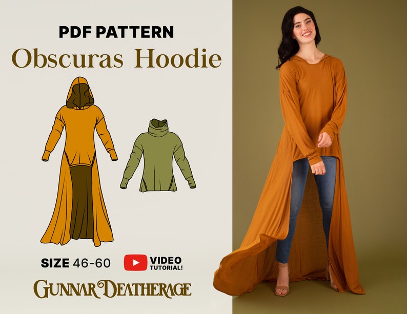 Op de afbeelding: PDF-patroon voor een Obscuras Hoodie, een lange, gekapte top met een high-low zoom. Het patroon is verkrijgbaar in de maten 46-60. Een model draagt ​​het afgewerkte kledingstuk, dat een roestkleur heeft.