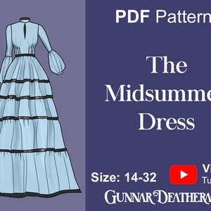 May include: A digital illustration of a light blue dress with black trim. The dress has a high neck, long sleeves, and a tiered skirt. The text "PDF Pattern The Midsummer Dress Size: 14-32 Video Tutorial! GUNNAR DEATHERAGE" is below the dress.