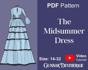 Multi-Tier Floor Length Dress Sewing Pattern | Ribbon Skirt | INSTANT DOWNLOAD | PDF | Puffy Bishop Sleeve | Full Peasant Skirt | High Neck