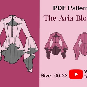 Puede incluir: Un patrón de costura PDF para una blusa rosa con cuello alto, mangas largas y un dobladillo con volantes. La blusa se llama "The Aria Blouse" y está disponible en las tallas 00-32. Hay un tutorial en video disponible.