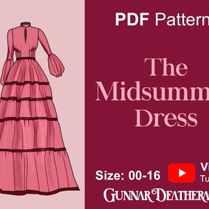May include: A digital illustration of a pink dress with a high neck and long sleeves. The dress has a tiered skirt with black trim. The text "PDF Pattern" and "The Midsummer Dress" is displayed in white on a burgundy background. The text "Size: 00-16" is displayed in white on a burgundy background. A play button with the text "Video Tutorial!" is displayed in white on a red background. The text "GUNNAR DEATHERAGE" is displayed in white on a burgundy background.