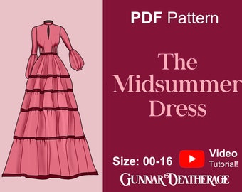 Multi-Tier Floor Length Dress Sewing Pattern | Ribbon Skirt | INSTANT DOWNLOAD | PDF | Puffy Bishop Sleeve | Full Peasant Skirt | High Neck