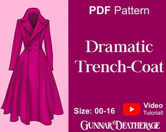 Full-Length Trench Coat | INSTANT DOWNLOAD| Fitted Full Skirt| Beginner PDF Sewing Pattern| Fall Winter Jacket | Peacoat with Full Skirt|