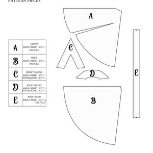 May include: A sewing pattern with five pieces labeled A, B, C, D, and E. The pattern includes instructions for cutting the fabric and interfacing. The pattern is for a garment with a front, back, front facing, back facing, and waistband.