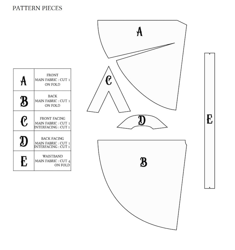May include: A sewing pattern with five pieces labeled A, B, C, D, and E. The pattern includes instructions for cutting the fabric and interfacing. The pattern is for a garment with a front, back, front facing, back facing, and waistband.