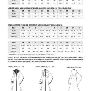 May include: A detailed size guide for women's garments, including bust, waist, and length measurements in inches. The guide covers sizes 00 to 32, with separate charts for B cup and D/DD cup sizes. Includes illustrations of garment collar styles.